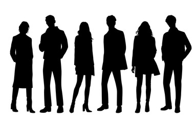 Vector silhouettes of  men and a women, a group of standing   business people, profile, black  color isolated on white background