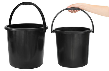 Black plastic bucket in hand. Isolated from the background