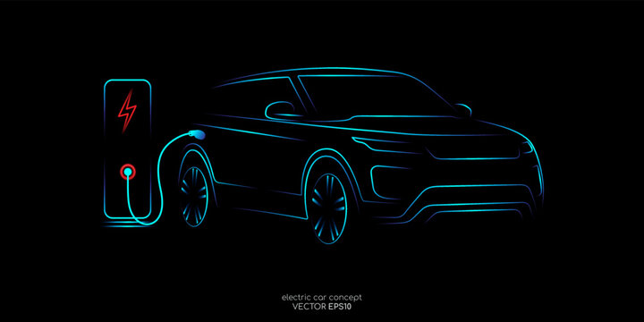 Electric crossover SUV car with charging station by drawing sketch line blue and red light colors isolated on black background. Vector illustration.