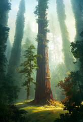 Illustration of giant sequoia redwood tree - obrazy, fototapety, plakaty