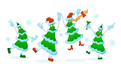 Jolly dancing Christmas trees in Christmas hats and snowflakes. Christmas party and Christmas dancing. Vector illustration on white background.