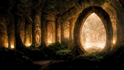 Ancient gate in the forest, portal to another world, enchanted place, magic and fantasy 