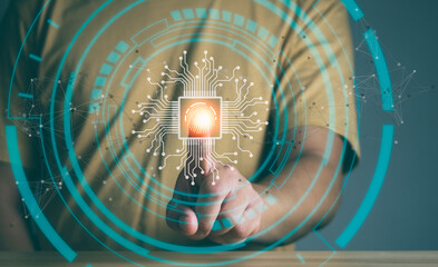 biometric identity processing, fingerprint scan to access personal data and approval, security scan digital cyber program of futuristic.