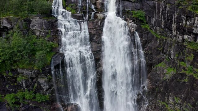 Aerial shot of Skjervsfossen waterfall in Granvin, Norway