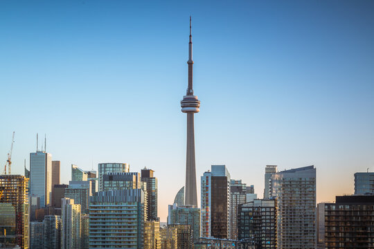 View of Toronto skyscrapers during with beautiful sunset sky as background