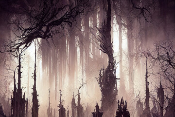 cemetery in the middle of a scary forest.