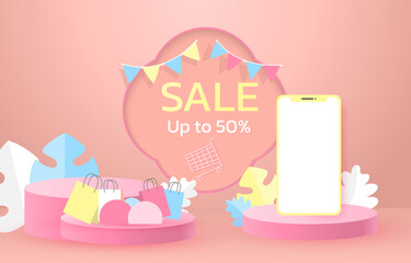 podium sale promotion online shopping smartphone shopping bags free space