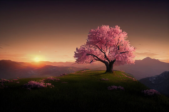 sunset in the mountains with Cherry trees