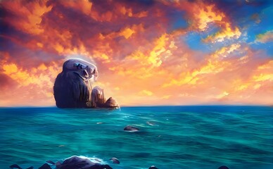 AI-generated realistic view of stones in the ocean under the orange cloudy sunset sky