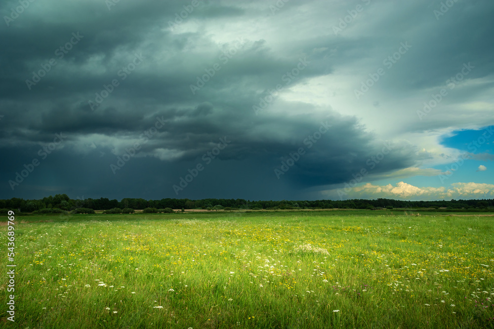 Wall mural view of the dark thundercloud above the meadow