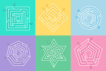 Maze game. Circle labyrinth. Square and polygonal shapes. Digital go map border. Corporate door exercise. Route to entrance from exit. Different puzzles set. Vector background tidy concept
