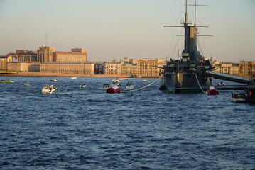 Saint Petersburg, Russia - August 19, 2022: Aurora (Avrora) cruiser in Saint-Petersburg. Russian cruiser Aurora. Aurora museum ship in St. Petersburg.