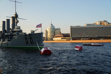 Saint Petersburg, Russia - August 19, 2022: Aurora (Avrora) cruiser in Saint-Petersburg. Russian cruiser Aurora. Aurora museum ship in St. Petersburg.