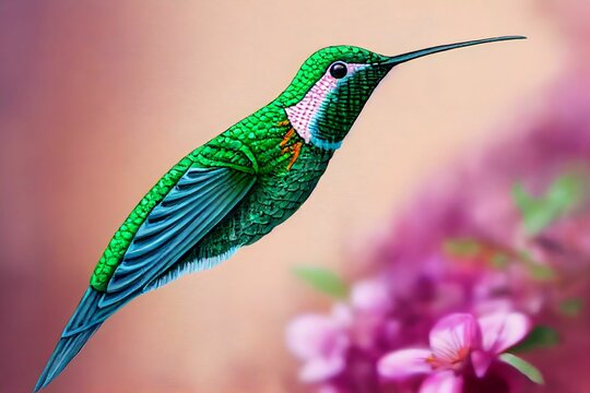 Digital illustration of a colorful bright flying hummingbird on a floral background