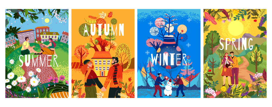 Seasonal posters. Family walking in nature. Happy couple in spring or summer park. Autumn and winter seasons. Different weather. Trees and exact flowers. Vector design backgrounds set