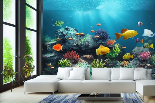 3D Aquarium wallpaper, Various tropical fishes in underwater rocks and swimming bubbles. High quality Realistic home decor wallpaper .