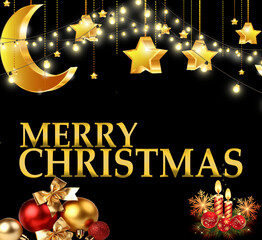 holidays celebrated and decorated with black background and golden bright lights with white winter season snow and this present decorated with  graphic illustration day poster and template design.