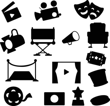 Black sticker pack of movie production icons on a white surface