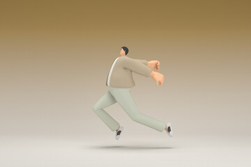 A man with glasses wearing brown cloth is running.  3d rendering of cartoon character in acting.