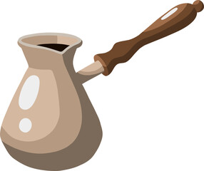 Vector coffe turk in beige color with brown wooden handle