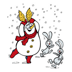 Crazy snowman looks like a hare Let is play pranks together