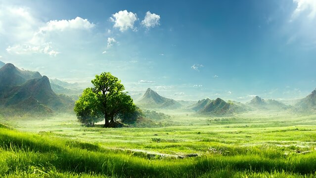 Savannah with trees, green grass, bushes and mountains on the horizon under a clear sky 3d illustration