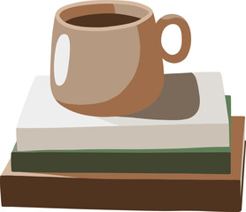 Vector brown mug stands on a stack of colorful books