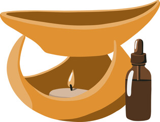 Vector yellow aroma lamp with a burning candle and oil in a brown jar nearby
