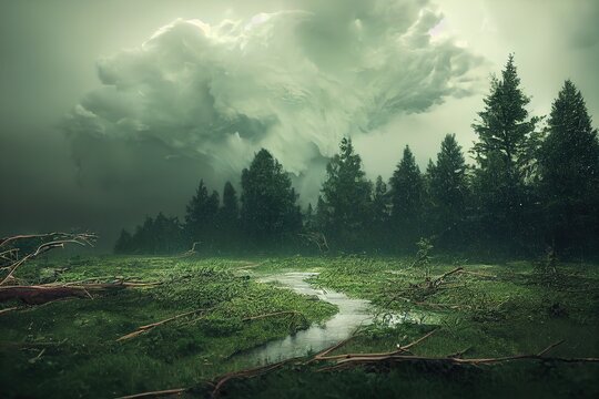 A tornado has formed over the surface of the earth. The sky is covered with rain clouds.  On the ground, the consequences of the storm's destruction. Fallen trees and branches. 3D illustration