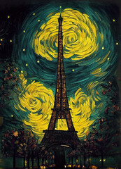 Eiffel Tower , Christmas,  Paris  in style of Van Gogh, digital art, card