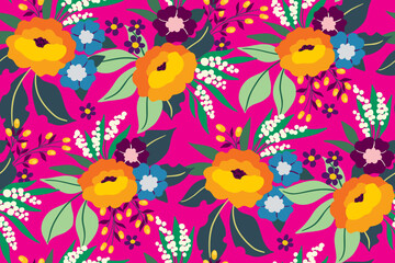 Seamless floral pattern, colorful flower print with bright summer bouquets on a pink background. Pretty ditsy design with large and small flowers, lush foliage in an abstract arrangement. Vector.