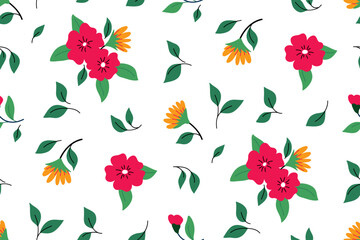 Fototapeta premium Seamless floral pattern, cute ditsy print with folk motif. Pretty flower design with decorative flower buds, small wild flowers, leaves in liberty arrangement on white background. Vector illustration.