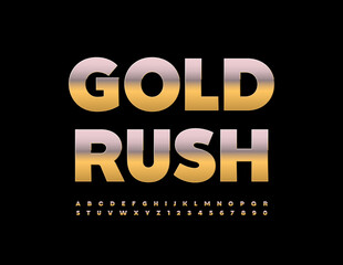 Vector advertising emblem Gold Rush. Luxury Font. Artistic Alphabet Letters and Numbers set