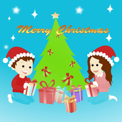 Merry Christmas greetings, banners and billboards with a snowy night background, Christmas trees and children celebrating Christmas with Christmas gifts.