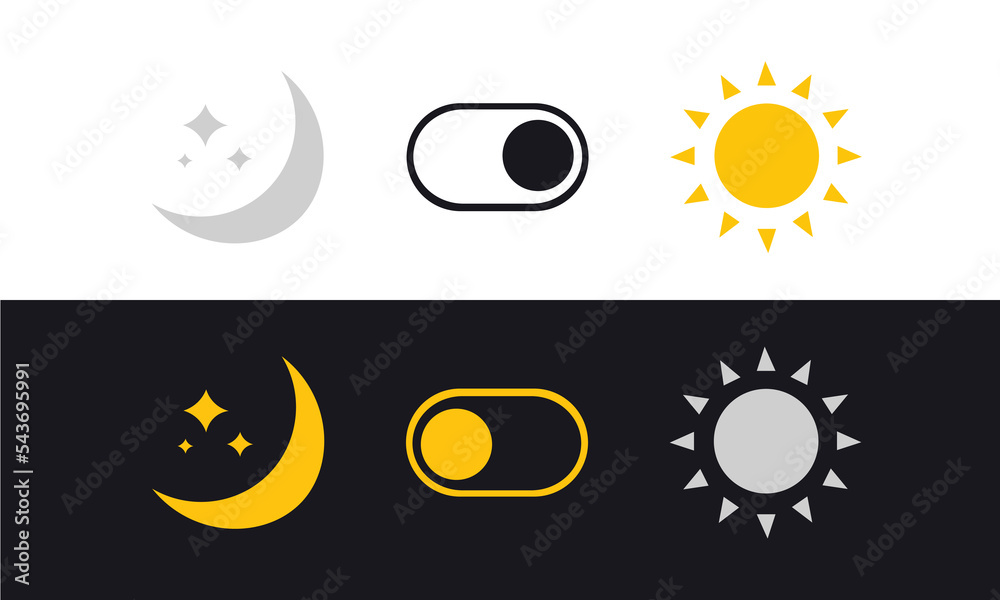 Poster day and night mode switch. sun and moon. light filter toggle button. sleeping mode turn on, off. on 