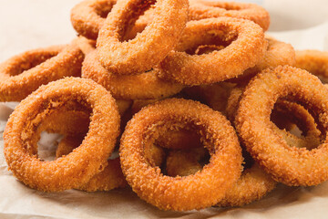 Fried onion rings, deep-fried, snack, no people, selective focus,