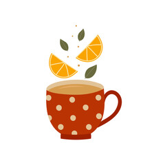 Red cup of tea with lemon slices and leaves. Hand drawn doodle style design. 