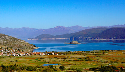 picture of a lake Prespa in Albania and island Maligrad in autumn - obrazy, fototapety, plakaty