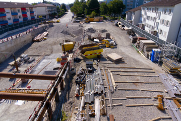 Aerial view of highway enclosure construction site with subway at City of Zürich on a sunny summer day. Photo taken August 16th, 2022, Zurich, Switzerland.