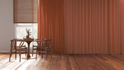 Minimalist contemporary wooden dining room in orange tones with table and chairs, curtains and parquet floor. Mockup with copy space. Modern interior design