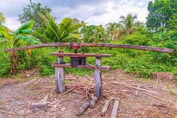 A large machine for extracting sugarcane juice made by a native Indian himself in the Amazon rainforest of Peru. It is pushed by two adults.