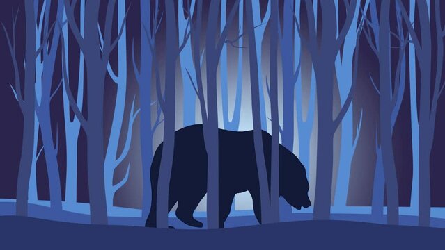 Beautiful night landscape with a bear, walking in the forest (animation, seamless loop)