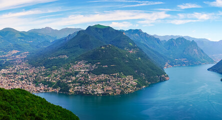 Fototapeta na wymiar Spectacular panoramic view over the city of Lugano, the Lugano Lake and Swiss Alps, visible from Monte San Salvatore observation terrace, canton of Ticino, Switzerland.