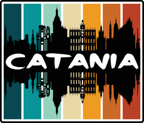 Catania Italy Skyline Sunset Travel Souvenir Sticker Logo Badge Stamp Emblem Coat of Arms Vector Illustration EPS