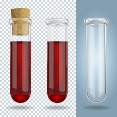 Three 3D transparent glass test tubes with red liquid. Vector Illustration.