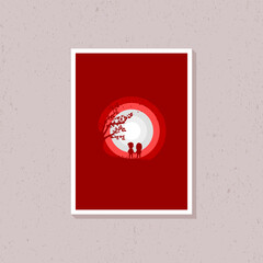 Couple relationship in red color silhouette design for wall decoration. Flat vector interior illustration. Suitable for printing, wall decoration, icons, stickers, templates and poster backgrounds.