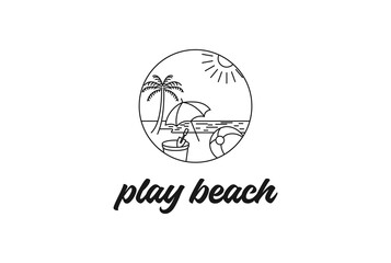 Fun Beach with Ball and Sand Pot and Umbrella for Kids Play Travel Vacation Logo Design