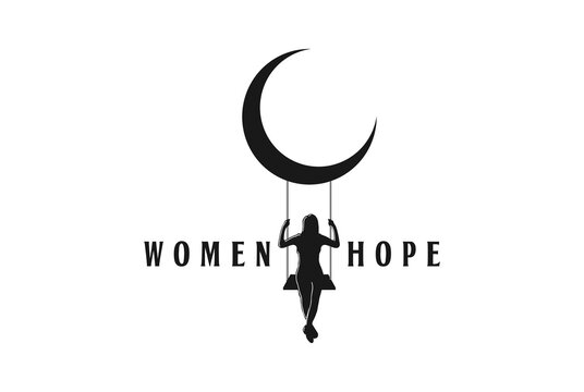 Woman Girl Lady Swing Moon Crescent Logo Design