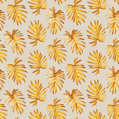 Golden tropical palm leaves, hand drawn watercolor botanical painting. Seamless pattern, jungle wallpaper. Monstera leaf