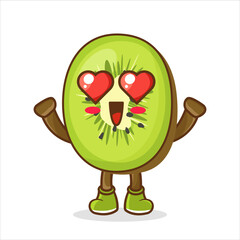 Cute kiwi character falls in love with eyes hearts. kiwi cartoon character with love cute emoticon. Cute Kiwi Fruit character with love emote. Fruit character icon concept isolated.